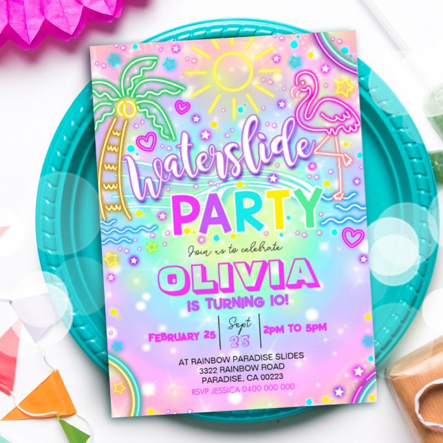 Neon Waterglidsinbjudan Rainbow Vatten-bild Inbjudningar (Neon Waterslide Party Invitation)