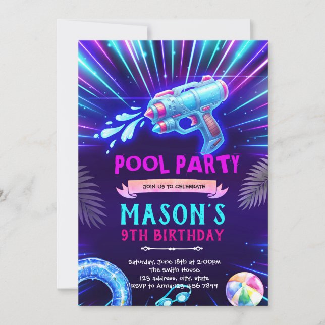 Neon Watergun Party Invitation Inbjudningar (Framsida)