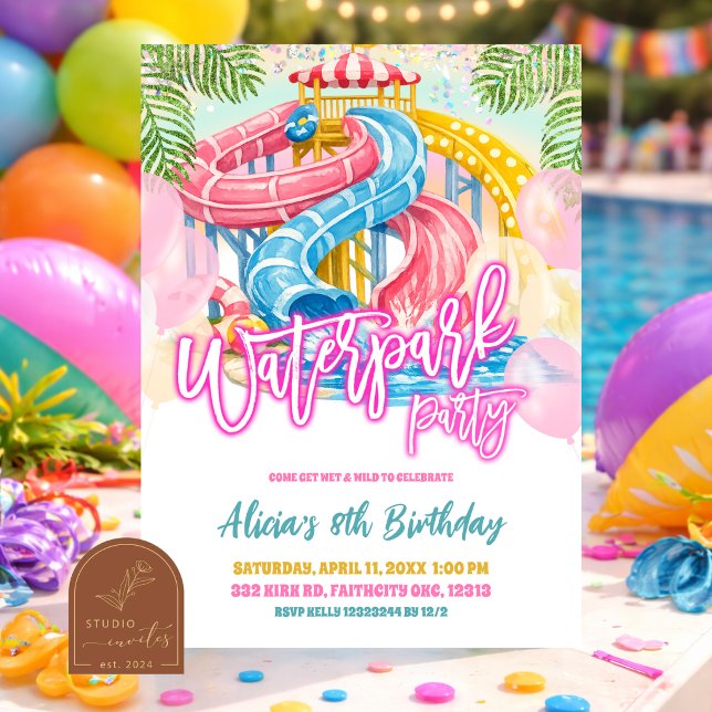 Neon Waterpark Flickas födelsedagsfest inbjudan (Skapare uppladdad)