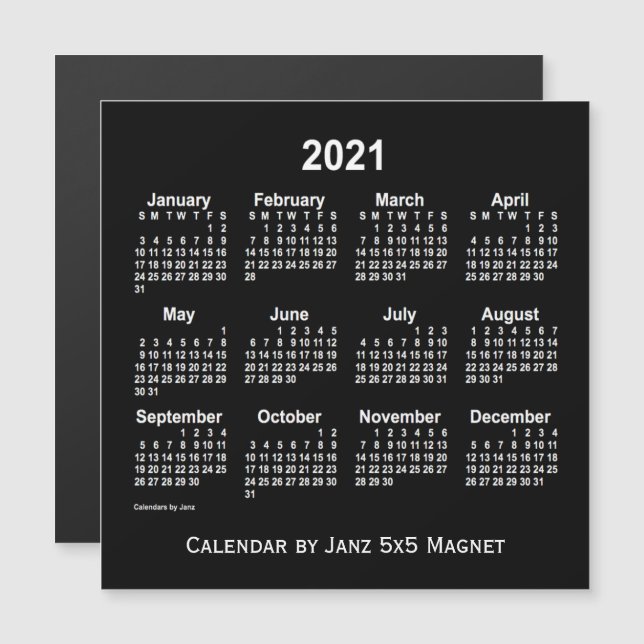 Neon White Calendar 2021 från Janz 5x5 Magnet (Fram/baksida)