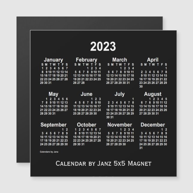 Neon White Calendar 2023 från Janz 5x5 Magnet (Fram/baksida)