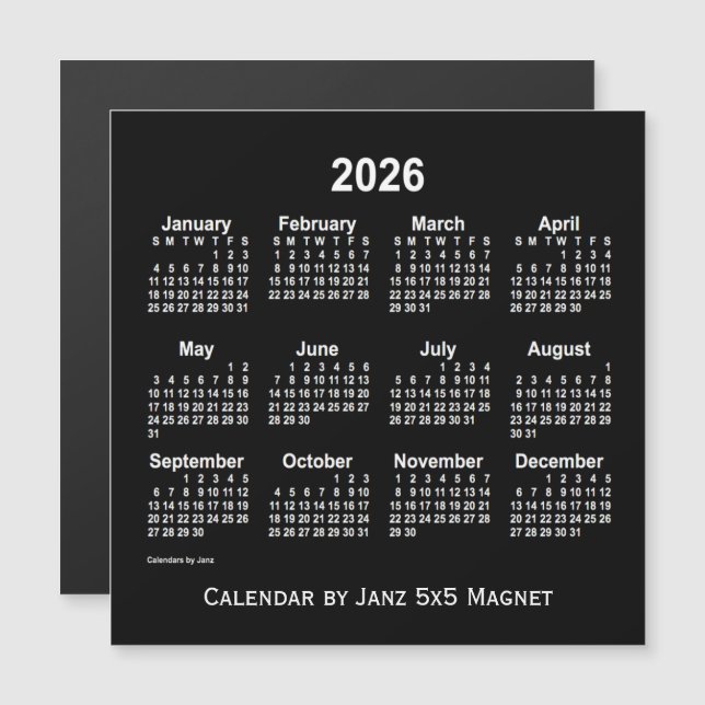 Neon White Calendar 2026 från Janz 5x5 Magnet (Fram/baksida)