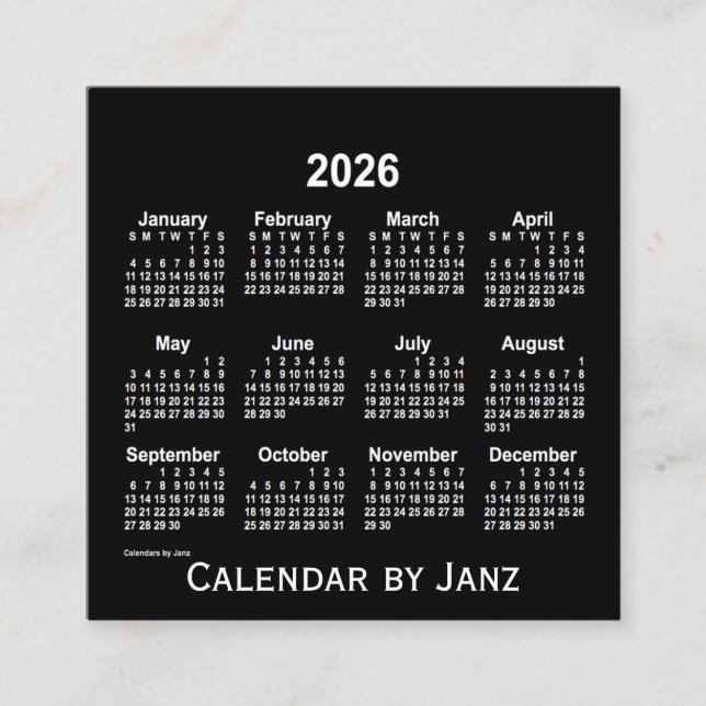 Neon White Calendar 2026 från Janz Fyrkantigt Visitkort (Framsida)