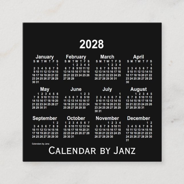 Neon White Calendar 2028 från Janz Fyrkantigt Visitkort (Framsida)