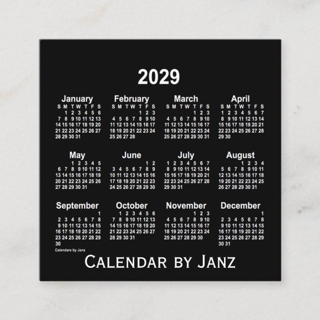 Neon White Calendar 2029 från Janz Fyrkantigt Visitkort (Framsida)