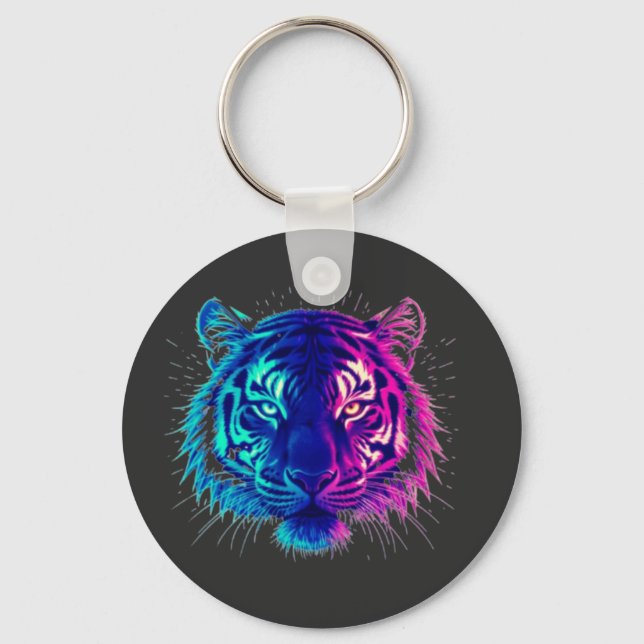 Neon White Tiger – Glowing Cyberpunk Wildlife Art Nyckelring (Framsida)