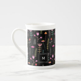 Neon Wildblommor på Black, monogrammad Benporslin Mugg