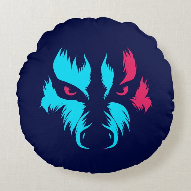 Neon Wolf Face Rund Kudde (Framsidan)