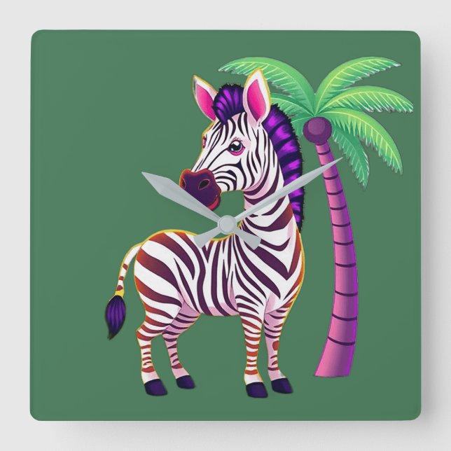 Neon Zebra Paradis Fyrkantig Klocka (Framsida)