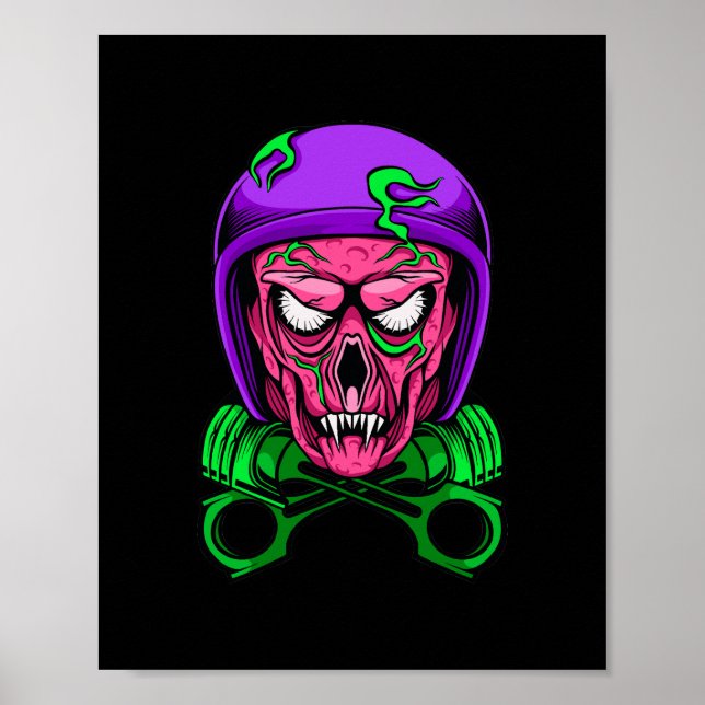 Neon Zombie Biker Skalle Korsade Kolvar Poster (Framsidan)