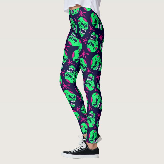 Neon Zombie Döskallar Mönster Leggings (Vänster)