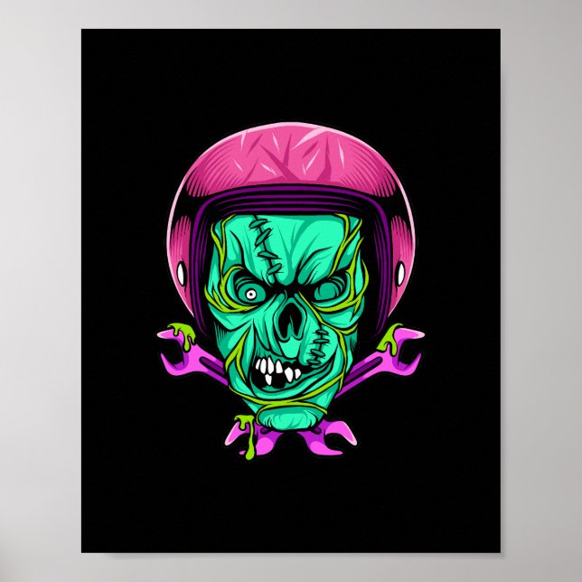 Neon Zombie Skalle Biker Hjälm Design Poster (Framsidan)