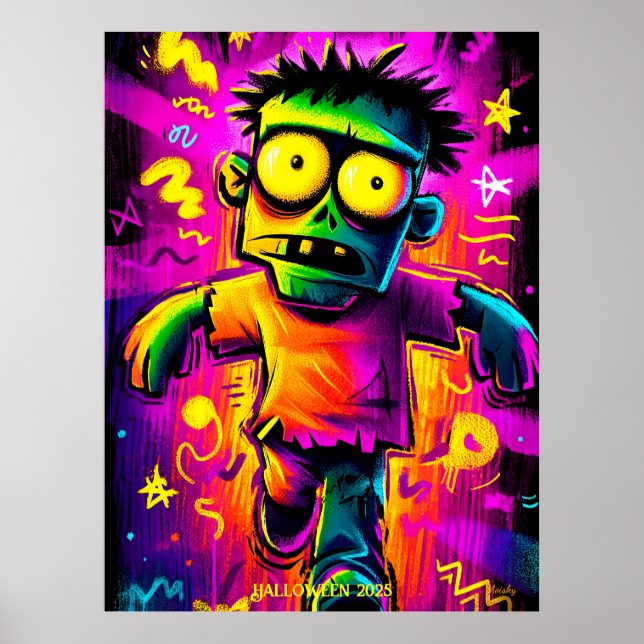 Neon Zombie - Tecknad Pop Art Halloween Monster Poster (Framsidan)