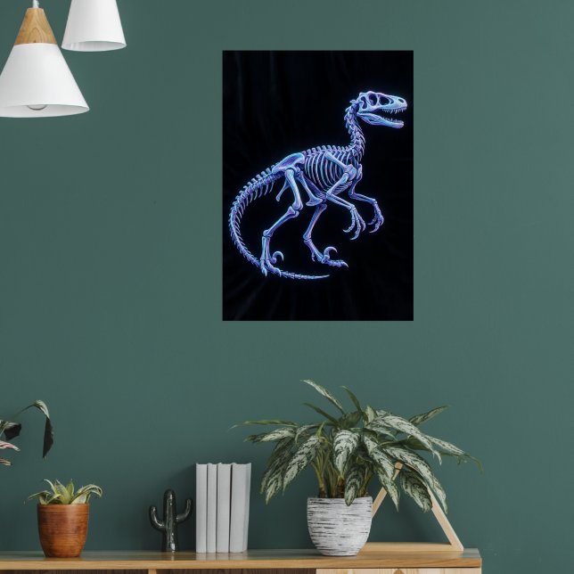 Neonblå dinosaurieskelett konstaffisch | Velocirap Poster (Vardagsrum 1)