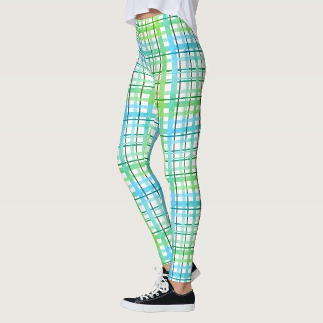 Neonblå Grön Plaid Leggings (Vänster)