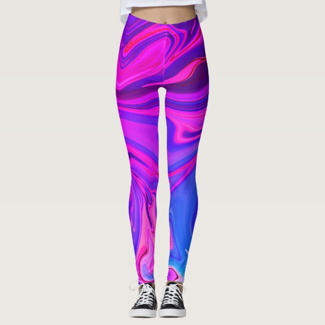 Neonblå lila rosa abstrakt mönster leggings (Framsida)
