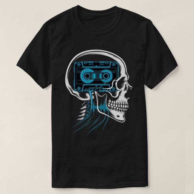 Neonblått kassettband Skalle Ljudvågs konst T Shirt (Design framsida)