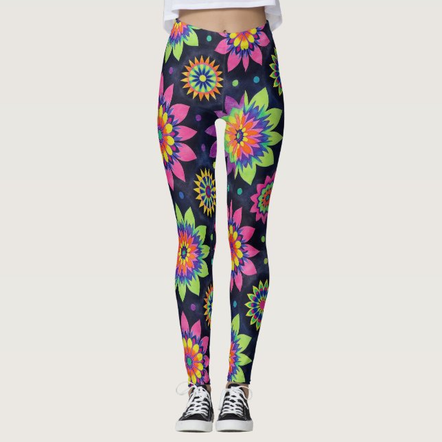 Neonblommiga Mandalas Sömlöst Mönster Leggings (Framsida)