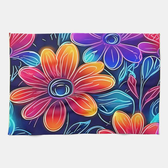 Neonblommor blommar ljust kökshandduk (Horisontell)