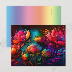 Neonblommor, färgämnen, bouquet, bläck stänk vykort