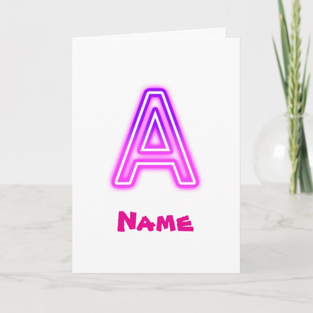 Neonbokstav A Monogram Glödande Lila Rosa Initial Tack Kort (Framsida)