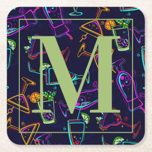 Neoncoctailar på svart Monogram Underlägg Papper Kvadrat