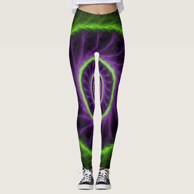 Neonenergi Spiral – Grön & Lila Fraktal Virvel Leggings (Framsida)