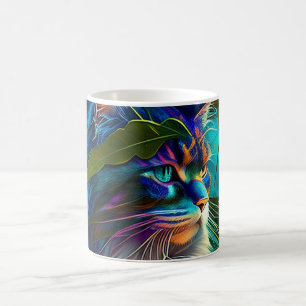 Neonfärgad katt i tropiska blommor AI art Kaffemugg