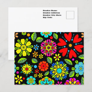 Neonfärger på svart retro blomster mönster utan sy vykort