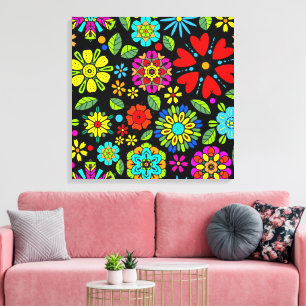 Neonfärger på svart retro blomster sömlöst mönster canvastryck
