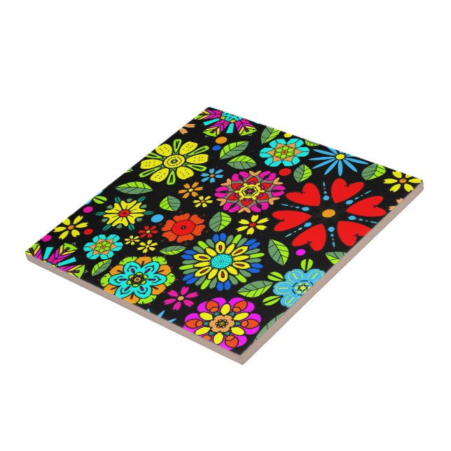 Neonfärger på svart retro blomster sömlöst mönster kakelplatta (Sidan)