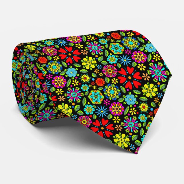 Neonfärger på svart retro blomster sömlöst mönster slips (Rullad)