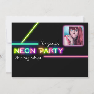 NEONFEST Glödande Foto Födelsedagsfest Inbjudan