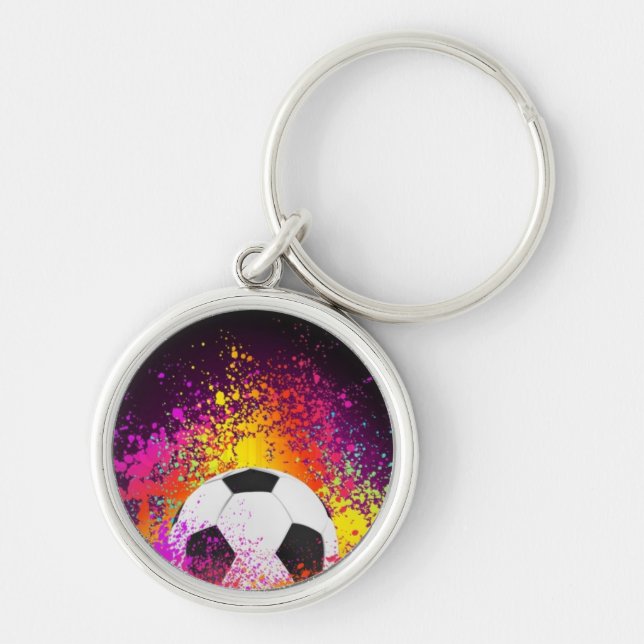 Neonfotbollboll Keychain Rund Silverfärgad Nyckelring (Framsidan)