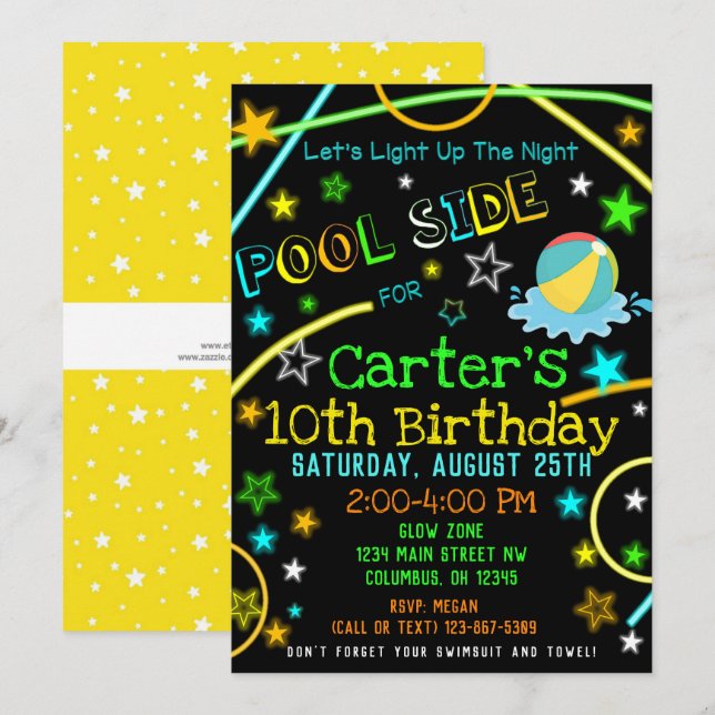 Neonglöd i Mörk Bassäng Party Inbjudan (Fram/baksida)