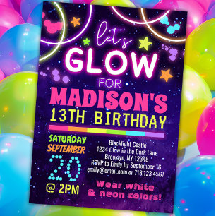 Neonglöd i Mörk Glow Party födelsedag Inbjudningar