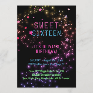 Neonglöd i Mörk Party Stars Sweet 16 Inbjudningar