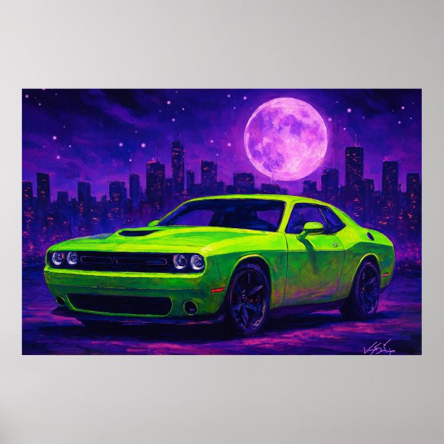 Neongrön bil under lila himmel poster (Framsidan)