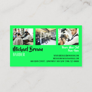Neongrön inramad barberarstång med foto visitkort
