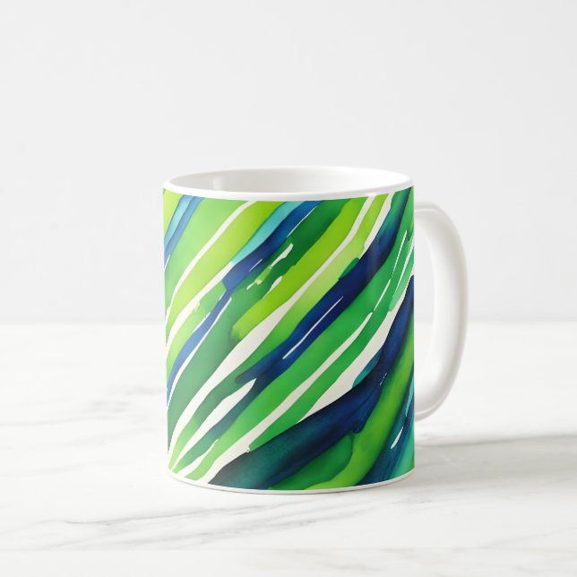 Neongrön och mörkblå randig konst kaffemugg (Framsida höger)