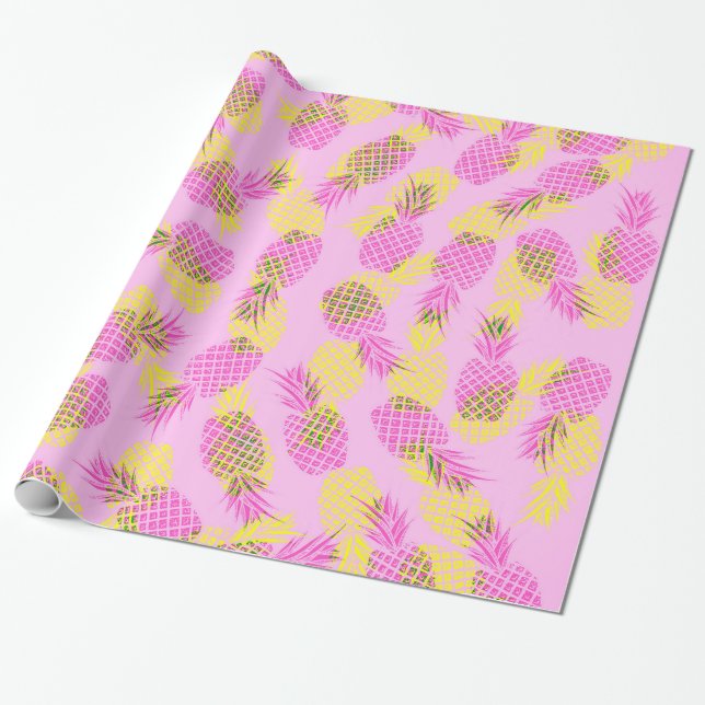 Neongult och rosa tropiska hawaianska ananas presentpapper (Utrullad)