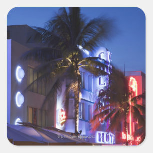 Neonhotell på natten, havdrev, södra Miami Beac Fyrkantigt Klistermärke