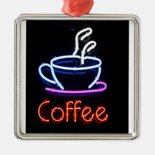 Neonkaffe undertecknar på svart julgransprydnad metall