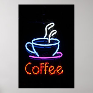 Neonkaffe undertecknar på svart poster