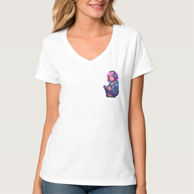 Neonkonst med rosa hår Gamer Tjej T Shirt (Framsida)
