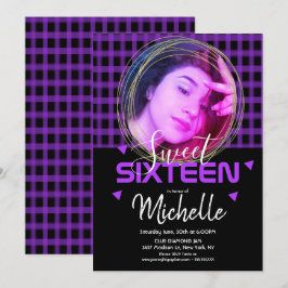 Neonlila Sweet Sixteen Guld Ring Foto Grid Inbjudningar