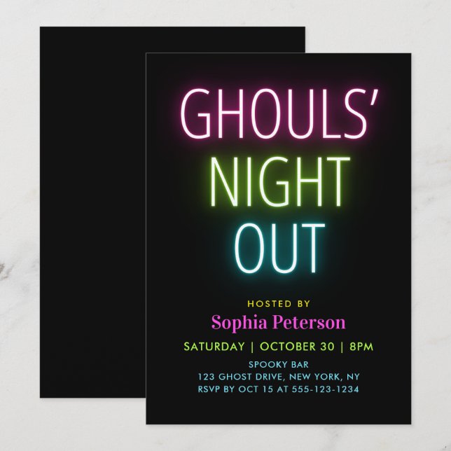 Neonljus Ghouls Natt Ut Halloweenfest Inbjudningar (Fram/baksida)