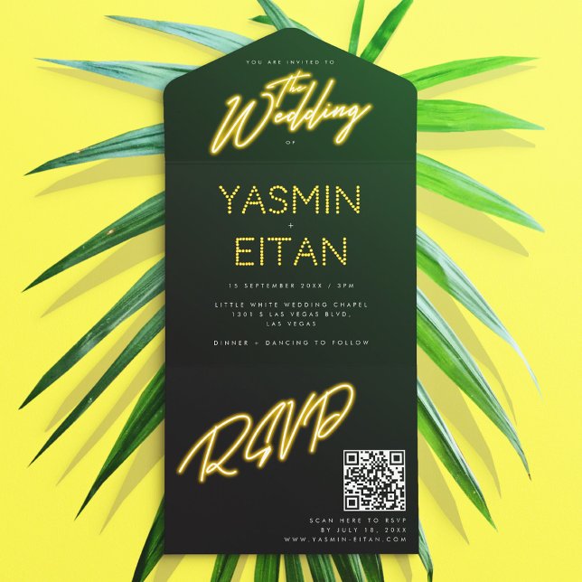 Neonljus Gul Svart QR-kod Bröllop (Neon Lights Yellow Black QR Code Wedding All In One Invitation)
