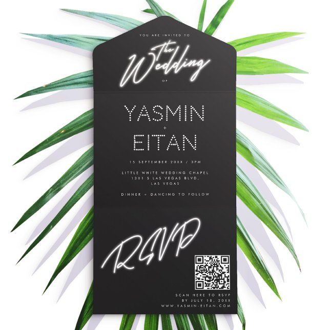 Neonljus Svart & Vitt Glamourbröllop (Neon Lights Black & White Glam Wedding All In One Invitation)