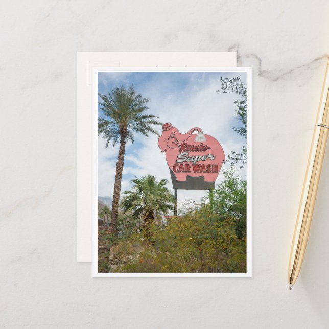 Neonljusskylt Retro Rosa Elefant Palm Springs Vykort (Fram/Back In Situ)